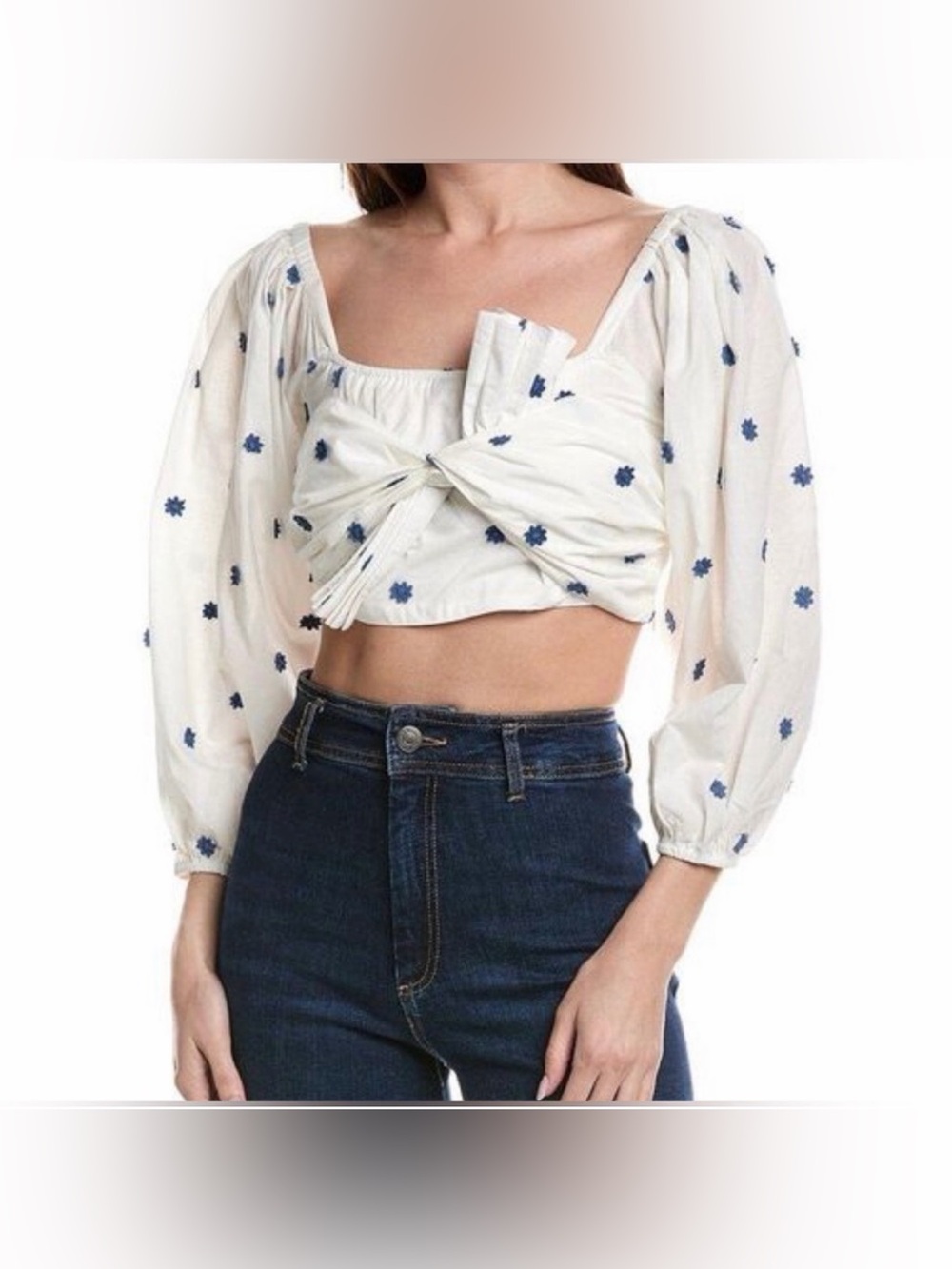FARM Rio White Twist-Front Crop Top with Blue Floral Dots